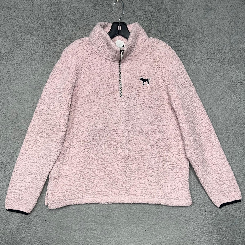 Victoria's Secret PINK Sweater Womens M Pink Sherpa Embroider Boyfriend Academia